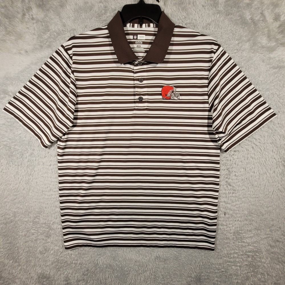 Cleveland Browns Polo Shirt Mens Large Brown Striped TX3 Cool NFL Team Apparel